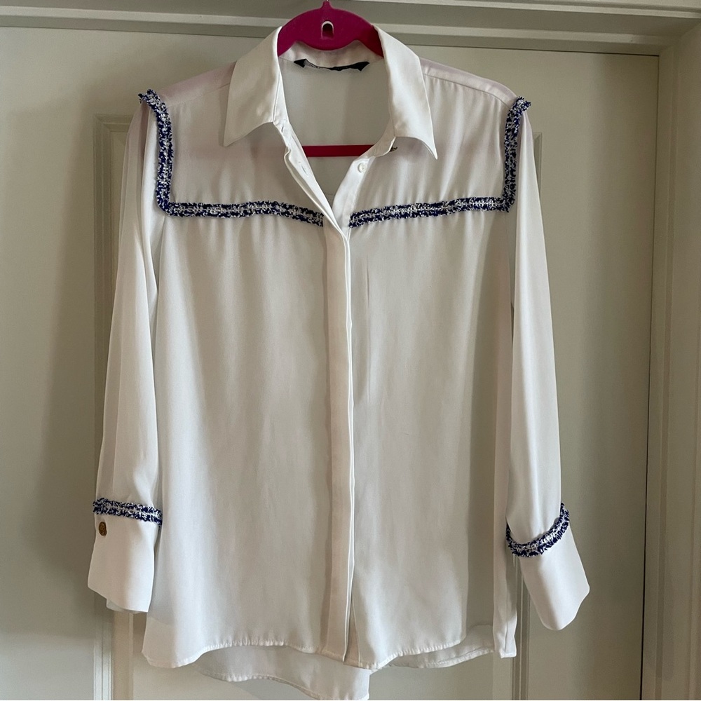 Zara Blouse Sheer White w/ Blue Fabric Accents & Gold Colored Hardware (Size S)
